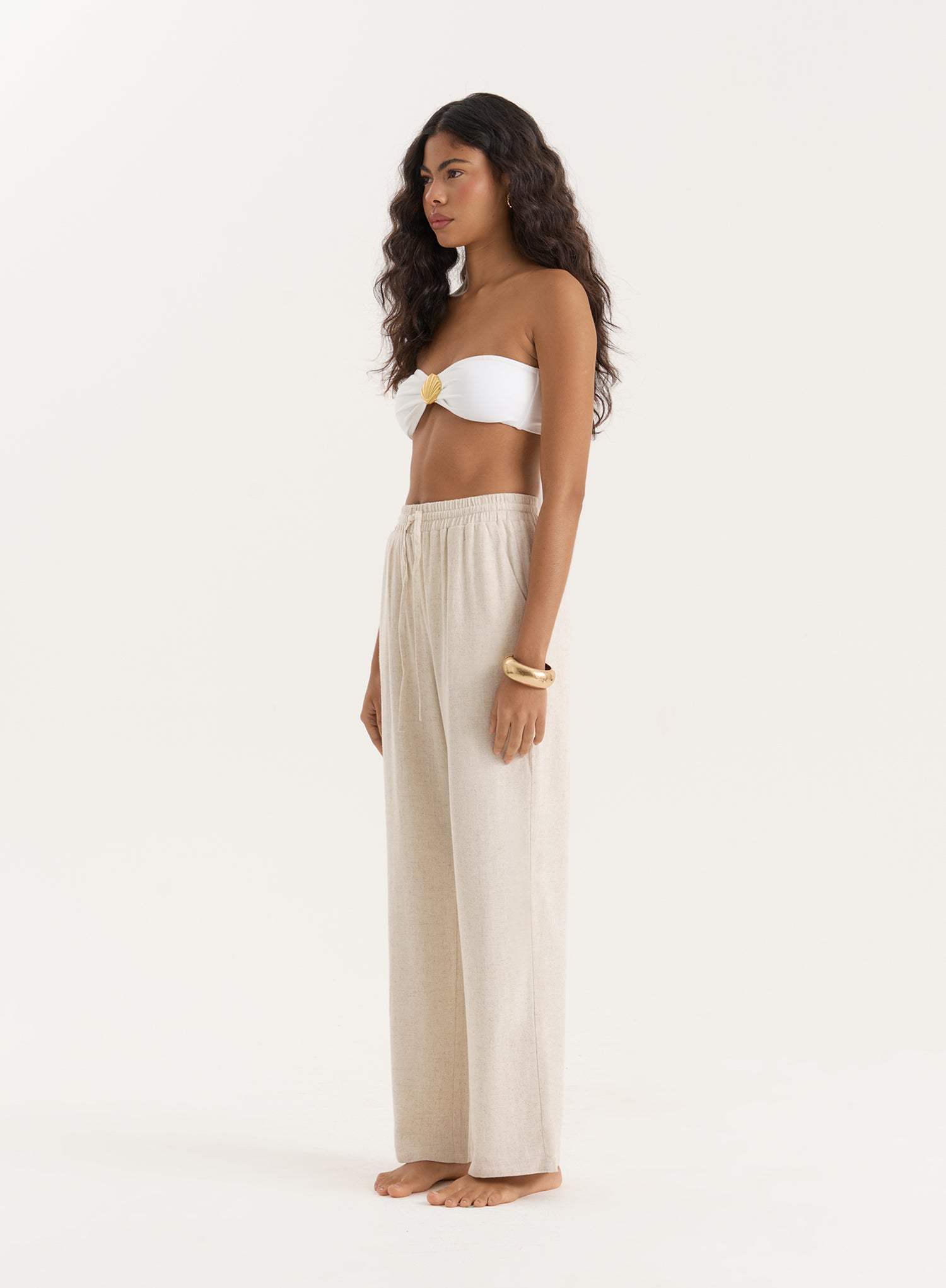 Beige Linen Blend Wide Leg Trouser